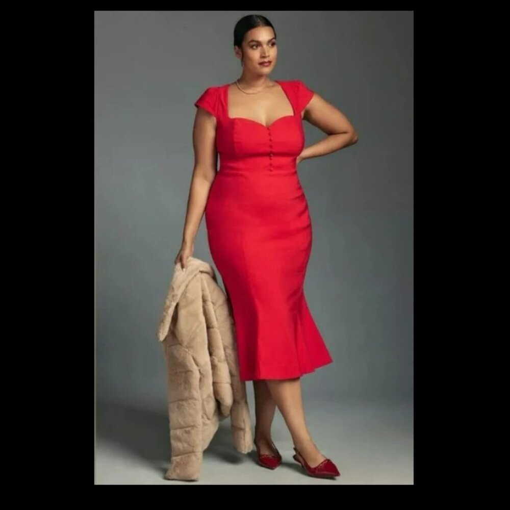 Anthropologie Red The Cecily Fit & Flare Sweetheart Midi Dress Sz L